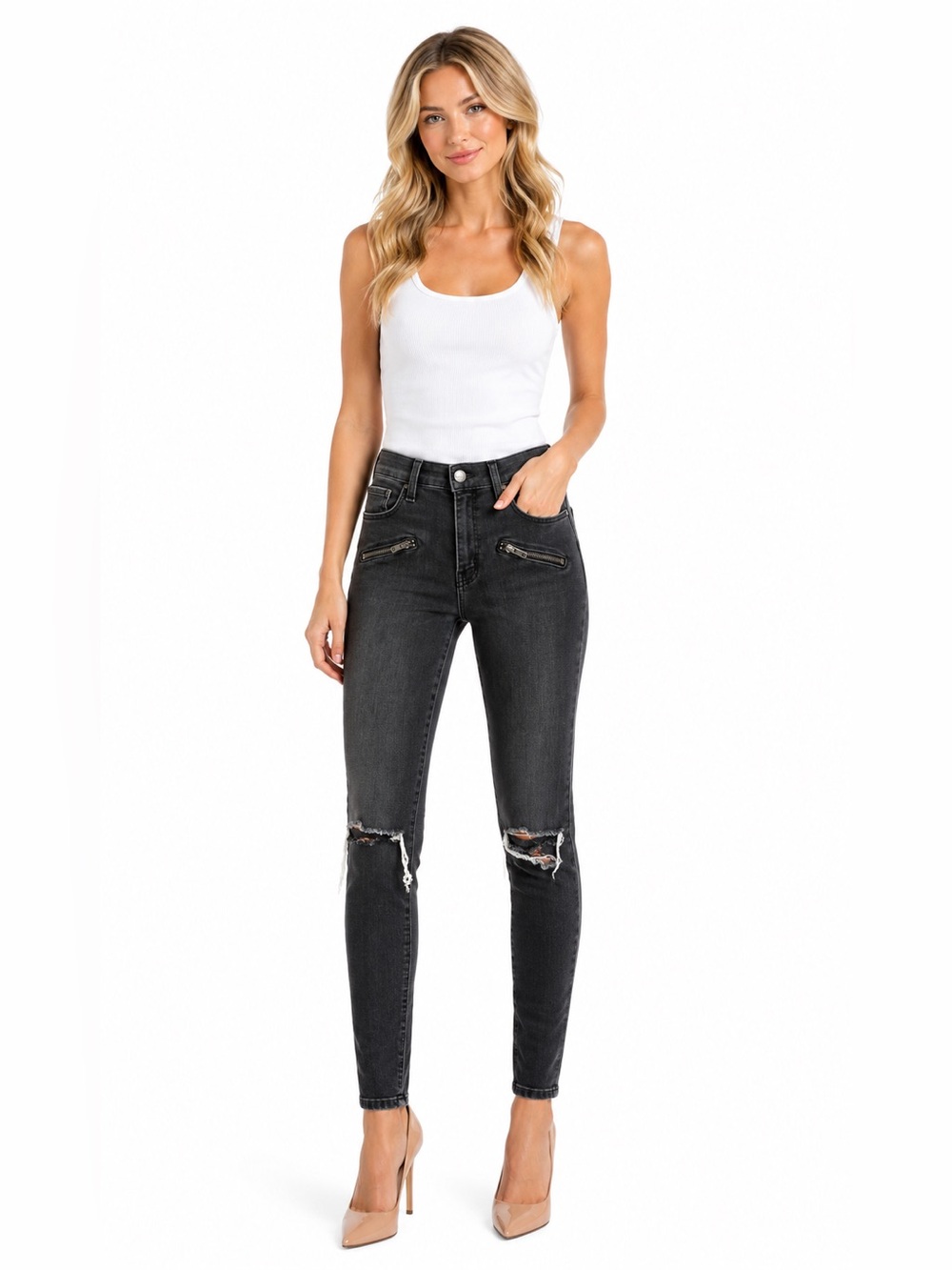 Elliott Black Distressed Skinny Jeans Low Rise Zipper Detail | Size 27